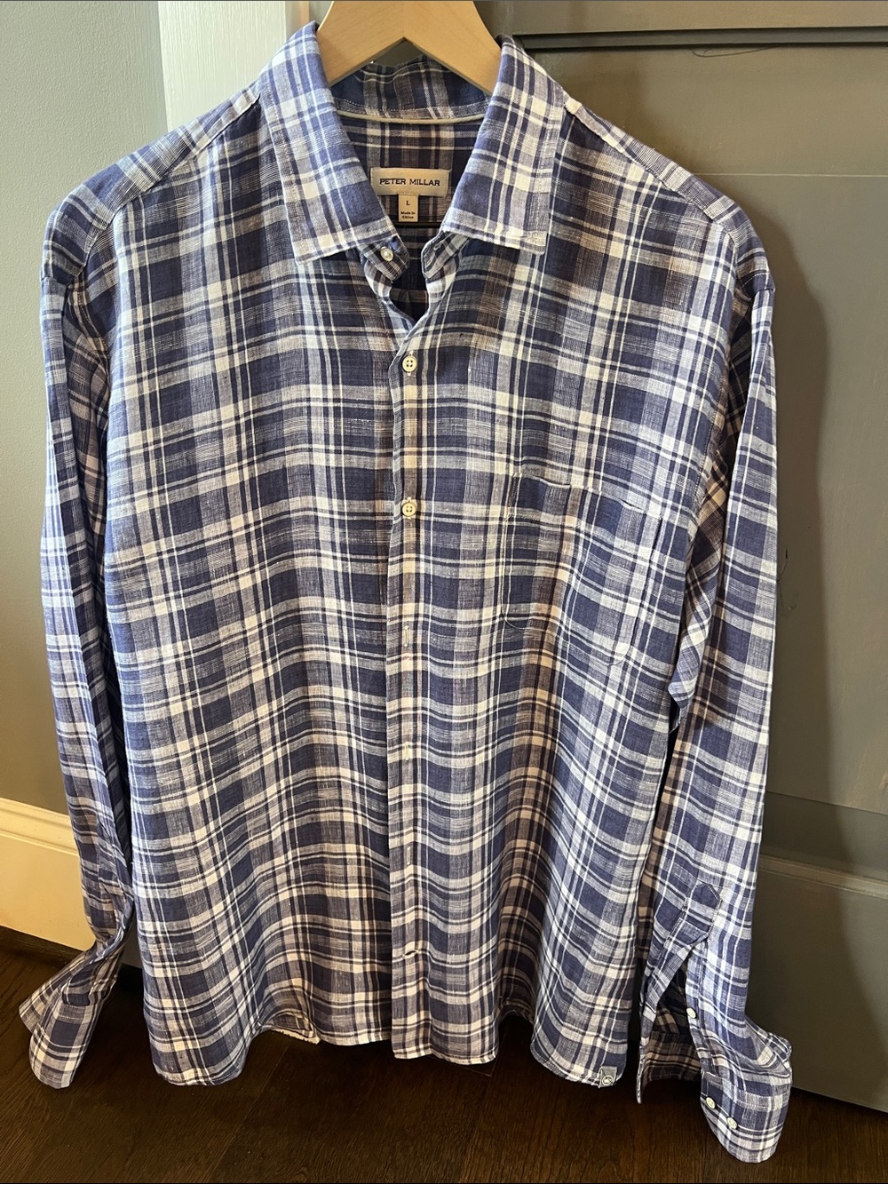 Peter Millar Blue and White Plaid Casual Button-Down Shirt